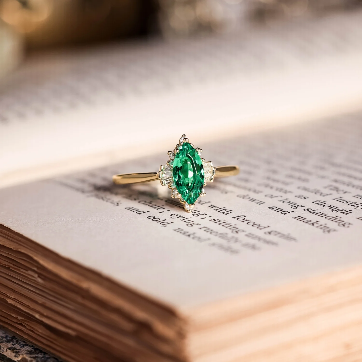The Verdeline -  Green Emerald Marquise Engagement Ring with Natural Diamond Halo - Image 3