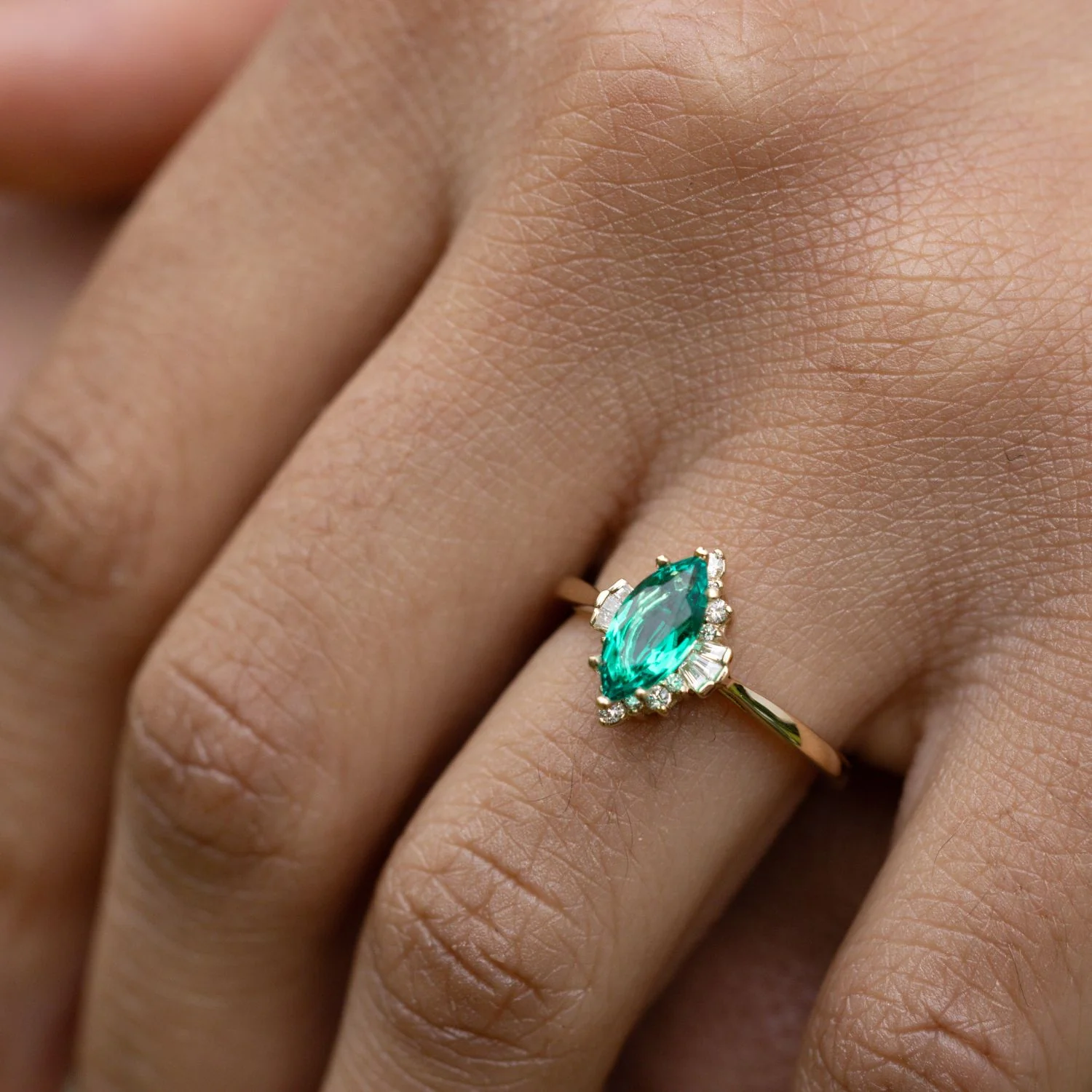 The Verdeline -  Green Emerald Marquise Engagement Ring with Natural Diamond Halo - Image 4