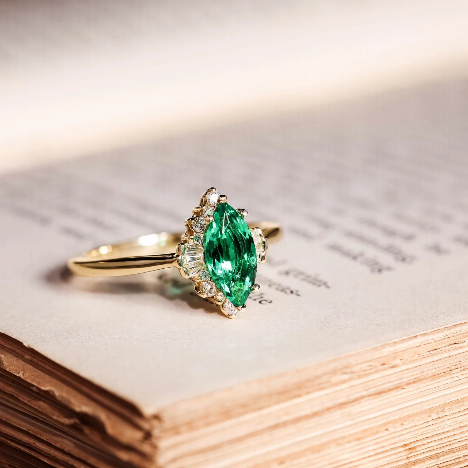The Verdeline -  Green Emerald Marquise Engagement Ring with Natural Diamond Halo - Image 5