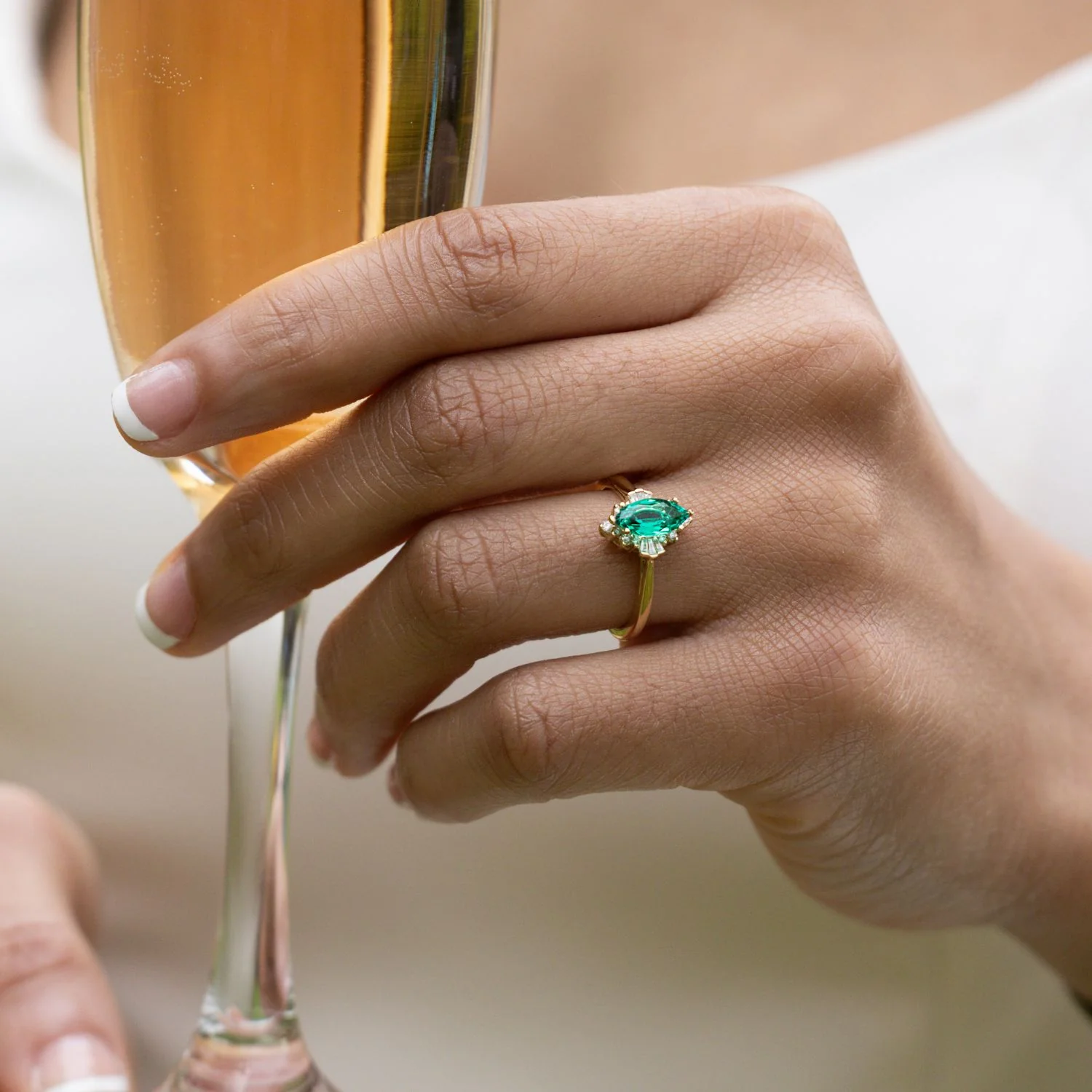 The Verdeline -  Green Emerald Marquise Engagement Ring with Natural Diamond Halo - Image 6