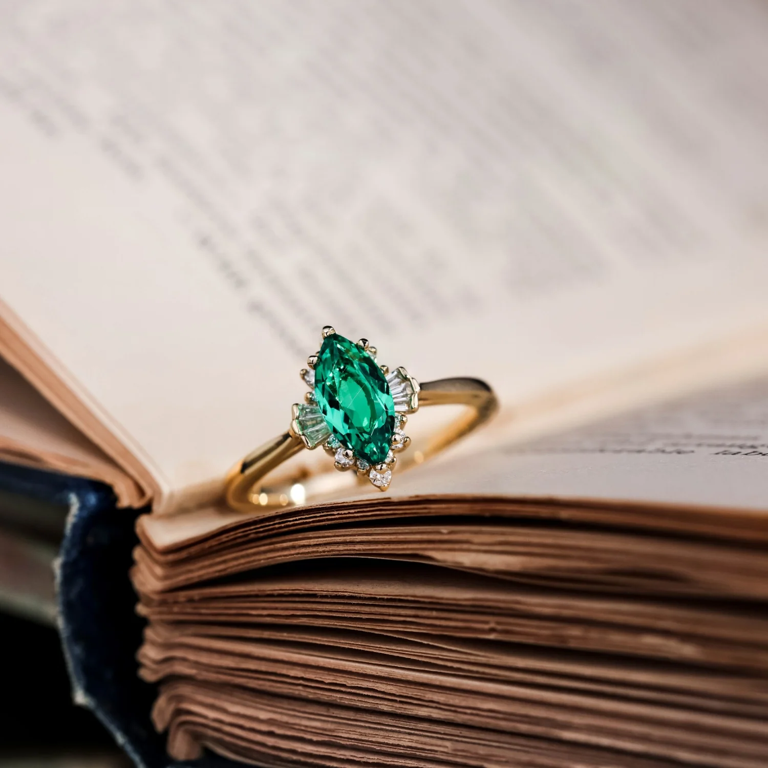 The Verdeline -  Green Emerald Marquise Engagement Ring with Natural Diamond Halo - Image 7