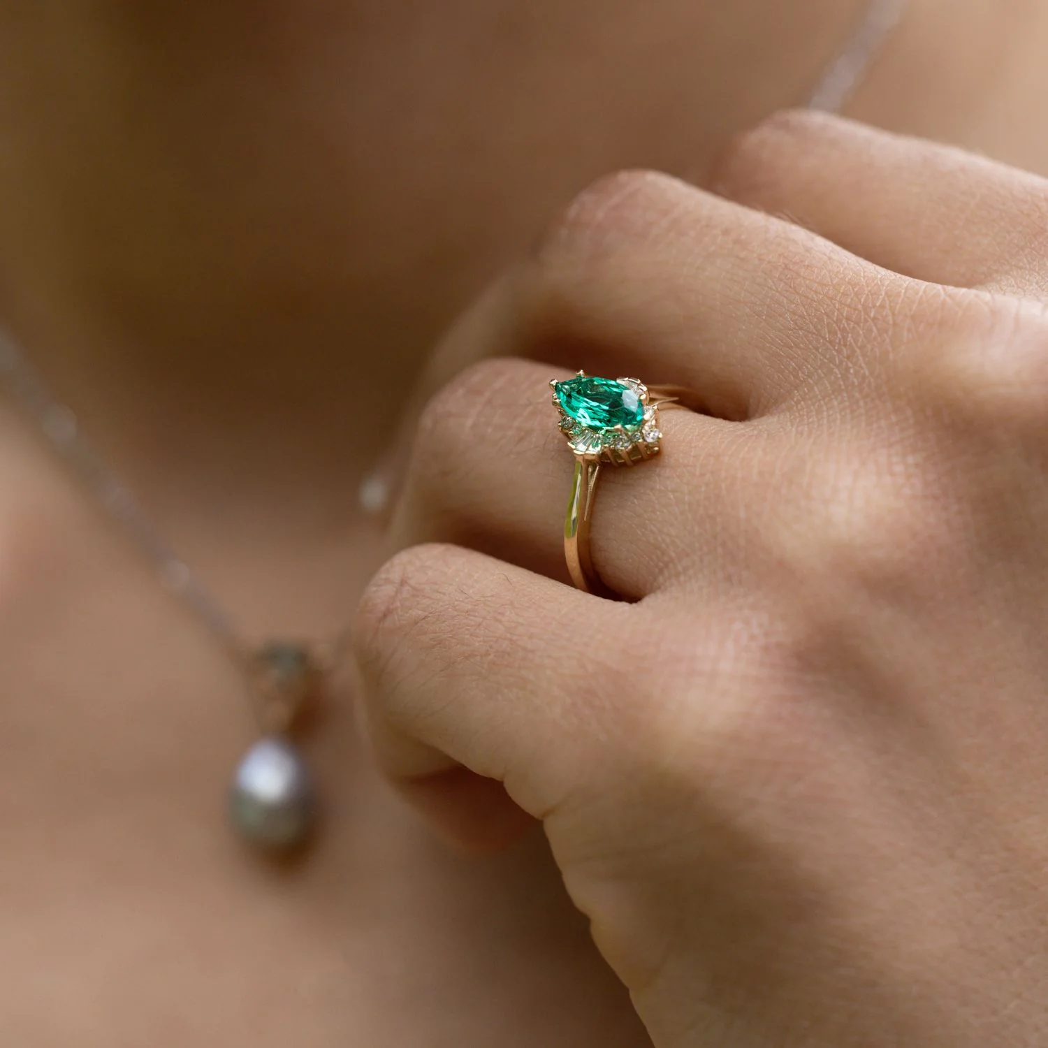 The Verdeline -  Green Emerald Marquise Engagement Ring with Natural Diamond Halo - Image 8