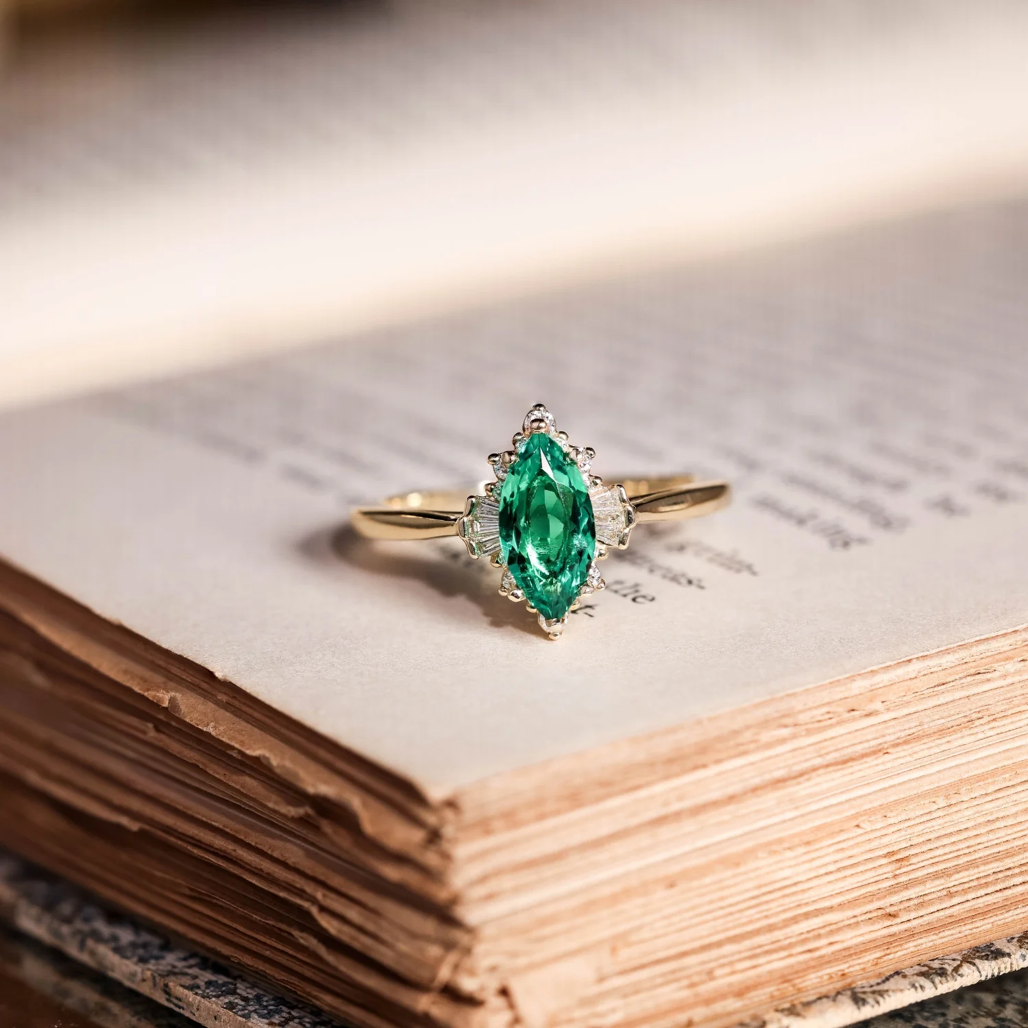 The Verdeline -  Green Emerald Marquise Engagement Ring with Natural Diamond Halo - Image 9